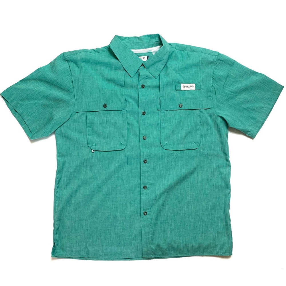 Magellan Short Sleeve Relaxed Fit Green Teal Button Up Vented Fishing Shirt - L